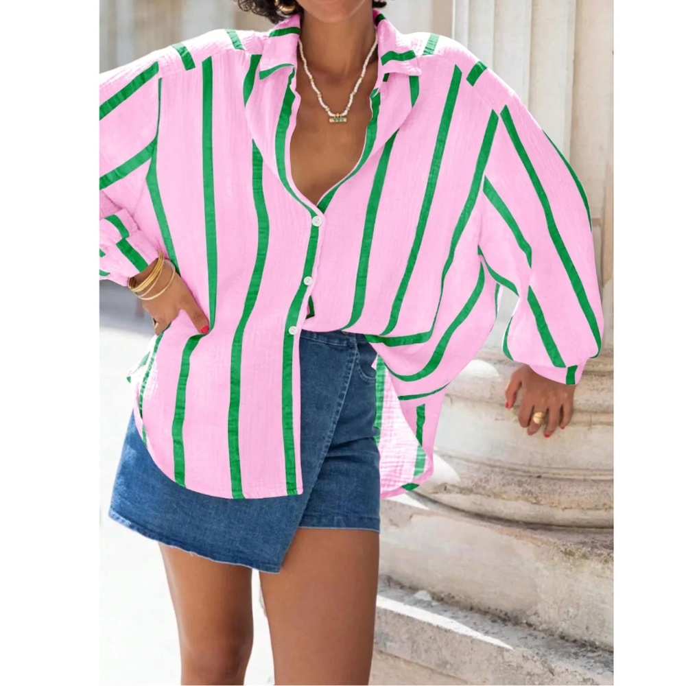 Pink with Green Stripes Oversized Button Down Shirt Long Sleeve - Picture 5 of 8